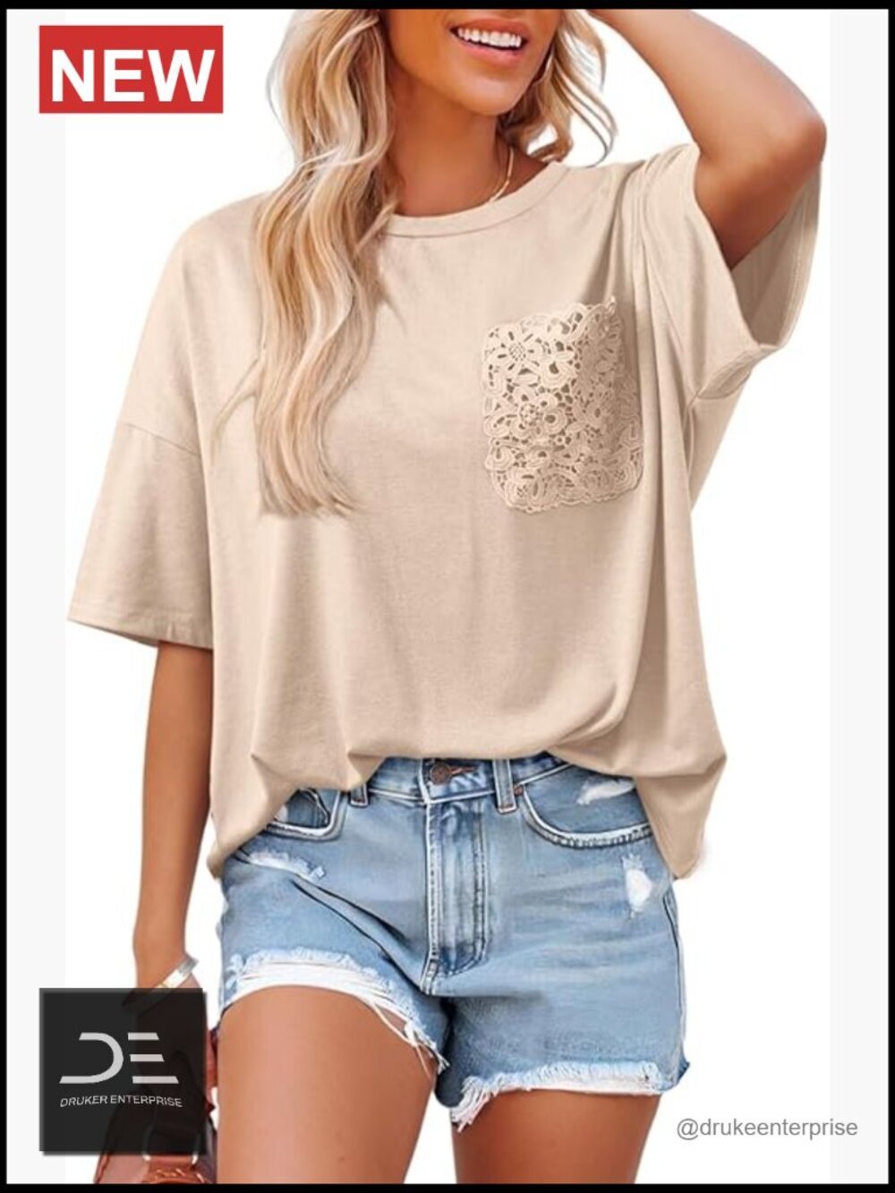 Cute Lace Pocket Oversized T-Shirt Short Sleeve Casual Top